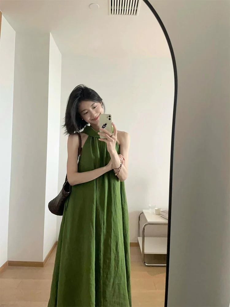 春夏 キャミソールワンピースミモレ丈 ロング おしゃれかわいい ドレスタック ホルターネックAライン韓国ファッション レディース白スリーブお出かけキュート甘めフレンチ