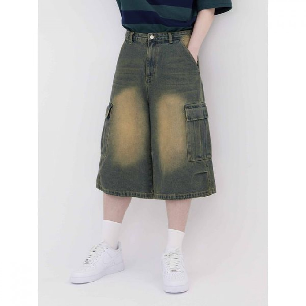 [Jean Mania] ユニセックスワイドルーズフィットバミューダカーゴ 7パートイエローブルージーンズデニムパンツ