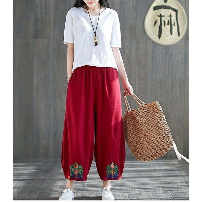 バルーンパンツ レディース ワイドパンツ ボトムス 春夏 9分丈 無地 刺繍 プリント 綿 エスニック風 イージーパンツ ウエストゴム 大きいサイズ リラックス