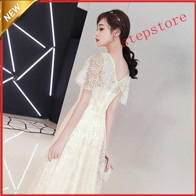 袖あり レース 姫系 パーティードレス Vネック ロング丈 司会ドレス エレガント 結婚式 二次会 ロングドレス ナイトドレス