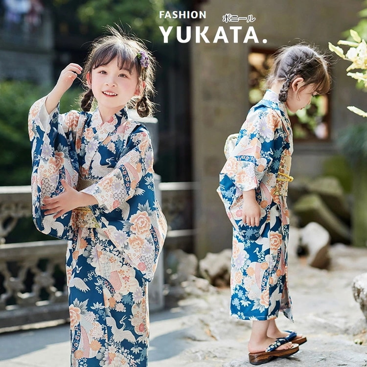 子供 浴衣 YUKATA 浴衣セット 花火大会 女の子 ガールズ ドレス 浴衣 キッズ 作り帯 結び ネイビー 可愛い浴衣 子供用 簡単着付け 櫻 夏祭り ハロウィン コスプレゆかた 夏ファッション
