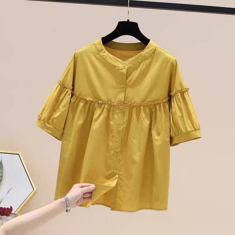 トップス シャツ ブラウス ミディアム丈 袖あり 半袖 ボリューム袖 襟付き スタンドカラー ストレート ふわふわ 薄手 かわいい 大人可愛い シンプル カジュアル おしゃれ レトロ 大人女子