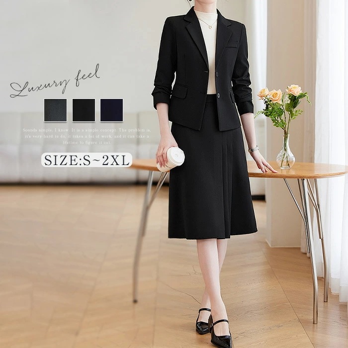スーツ レディース スーツセット Vネック タックスカート ビジネススーツ スカートスーツ 上下セット フォーマル 上品 入学式 洗える ジャケット スカート 2点セット オフィス 長袖 エレガント