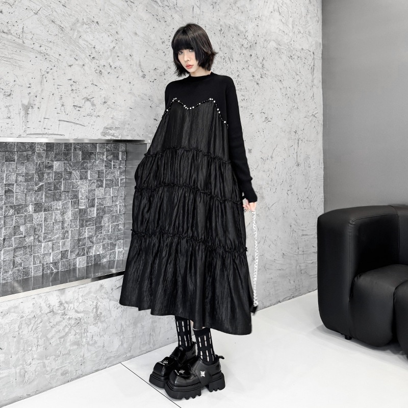 【J.Fashion】 2025秋 ニットドッキング ロングワンピース おしゃれ レディース ロングワンピース 関連商品購入可能 メガ割