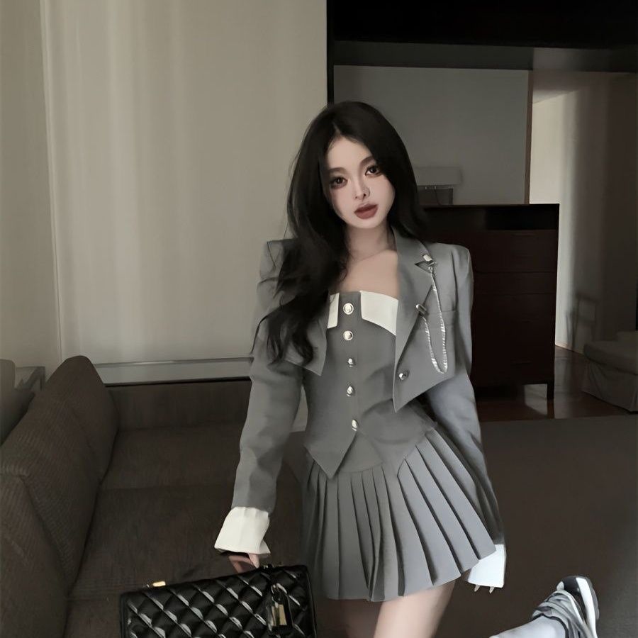 jk制服スーツ ブトップ ベスト ブレザー レディース 春 ハイウエスト セクシー プリーツスカート スカート 3点セット