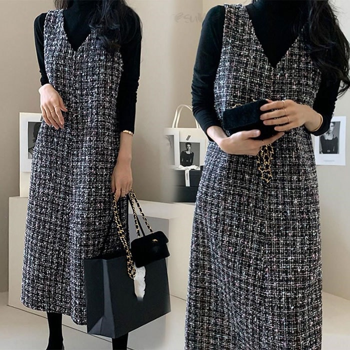 ジャンパースカート 秋 冬 大人 ワンピース 秋冬 きれいめ ロング ジャンスカワンピース 秋 冬 カジュアル 重ね着 きれいめ Vネック 大人可愛い ミモレ丈 ロング 裏地付き おしゃれ シンプル