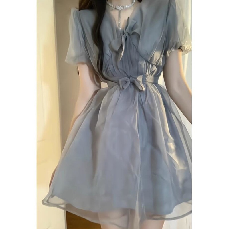 2025 サマードレス レディース パフスリーブ プリンセス ショートスカート Vネック フレンチリボン フェアリーウエスト パフスカート