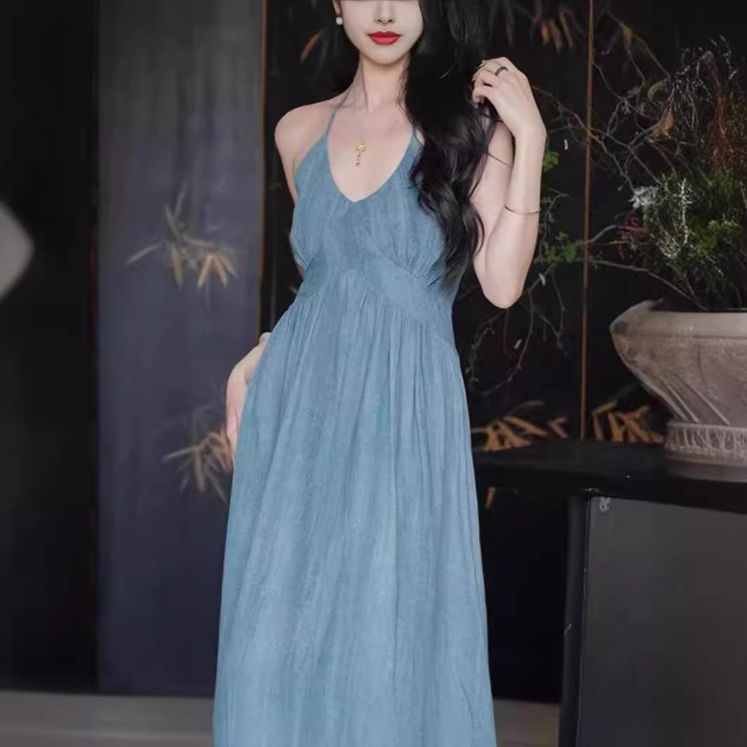 紺碧などの霧雨2024夏vネック国民風サスペンダーウエスト気質リネンミドル丈ドレス