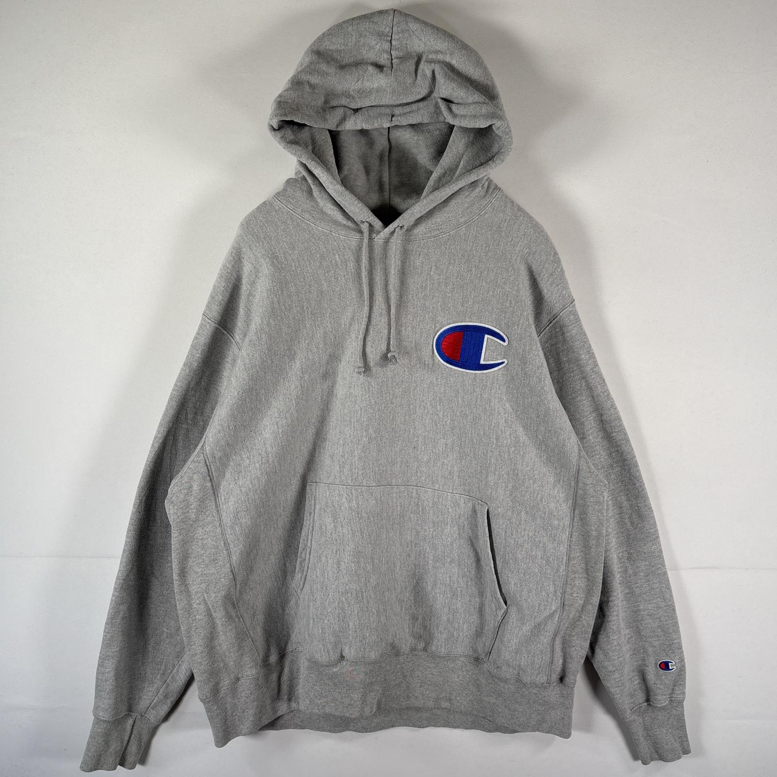 古着 パーカー リバースウィーブ スウェット 大きいサイズ プルオーバー ビッグロゴ ワッペン XL グレー メンズ