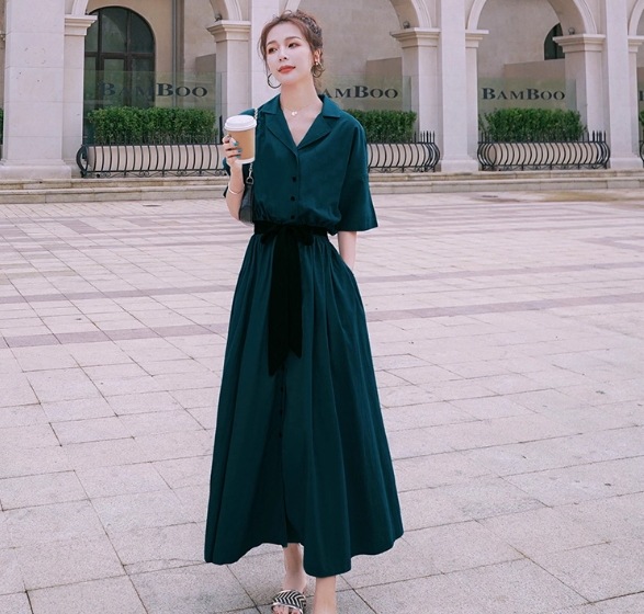 ワンピース ドレス レディース シャツワンピ ロング マキシ 5分袖 襟付き ポロカラー フレア Aライン ウエストマーク 大人可愛い きれいめ シンプル カジュアル 上品 おしゃれ こなれ感 ラフ