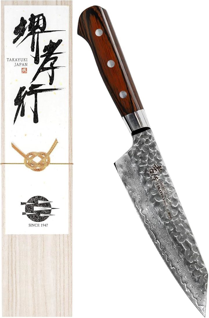 堺孝行 プロの料理人が愛用するブランド ダマスカス 剣型 三徳包丁 160mm V金10号 vg10 万能包丁 33層槌目 マホガニー柄(ダークブラウン, 剣型三徳 160mm)