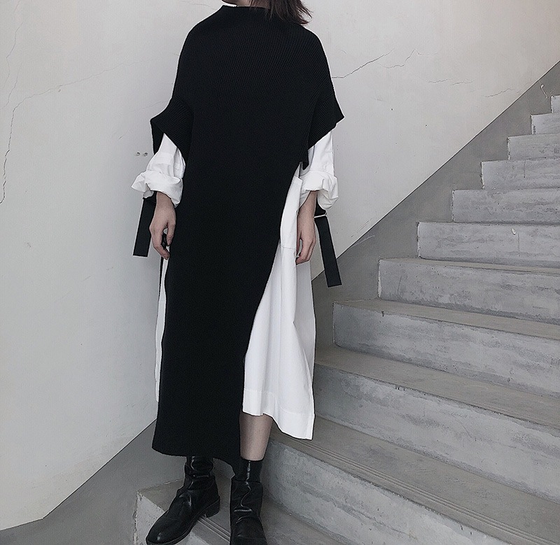 ワンピース セーター 白シャツ ミモレ丈 ロング 半袖 Uネック ワイド 切り替えデザイン ドッキング ウール 2点セット かわいい シンプル おしゃれ かっこいい 大人女子 こなれ感 ラフ