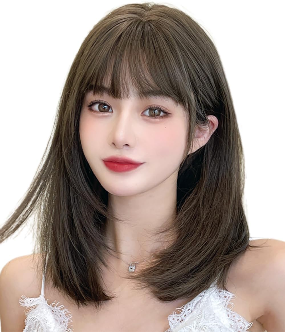 ウィッグ ミディアム セミロング ストレート 耐熱 通気 地肌風つむじ ネット付き アッシュブラウン 日常用