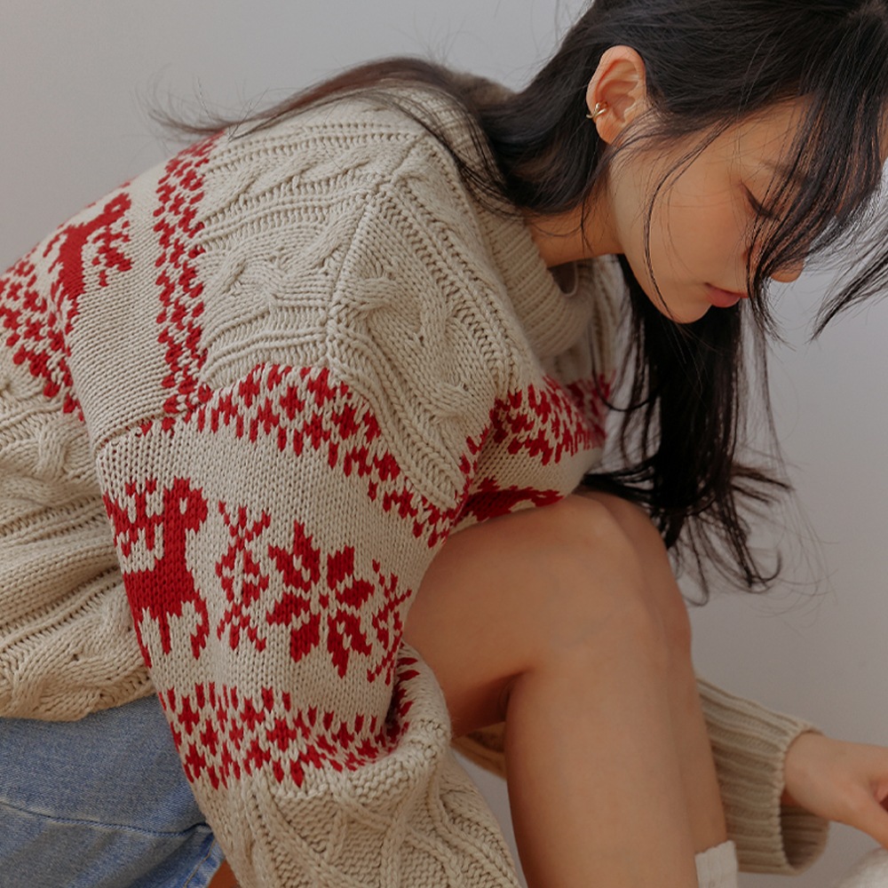 メリリンウールドトムノルディックケーブルラウンドニット