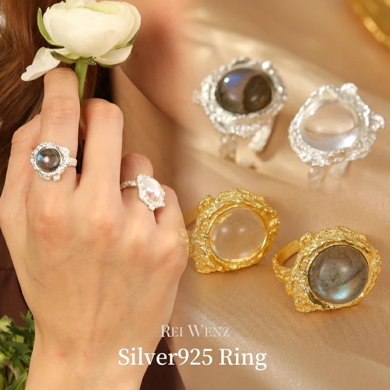 【高品質Silver925】【予約商品】天然石　シルバー リング　ムーンストーン　ラブラドライト　クリスタル 幅太 幅広 ワイド 太め 大ぶり ニュアンス レディース 重ね 金属アレルギー イン