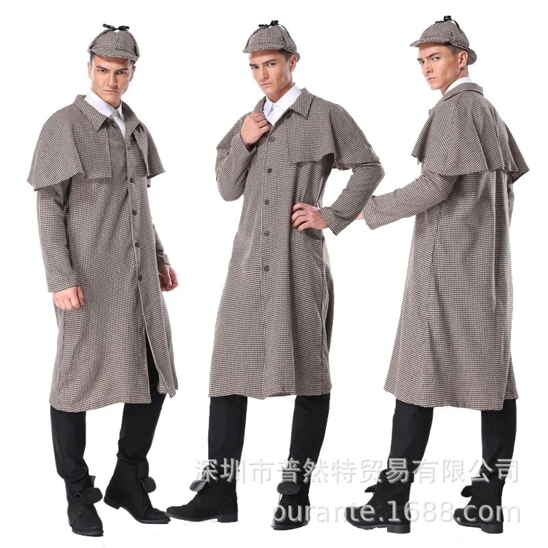 映画のキャラクター名探偵ロックホームズがイングリッシュチェックのタートルネックに扮します