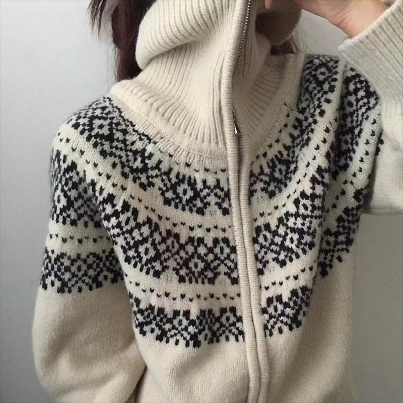 トップス カーディガン レディース 長袖 ハイネック 前開き ダブルジップ ミディアム丈 ジャガードニット かわいい 大人可愛い きれいめ シンプル 上品 おしゃれ かっこいい カジュアル こなれ感