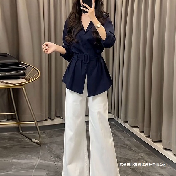 ファッションセット 女性 秋物感覚 ワンタッチウエスト仕様 シンプルシャツ ハイウエストロングパンツ 2点セット