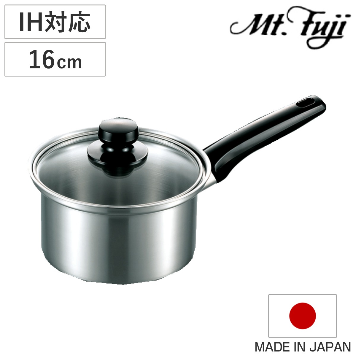 片手鍋 16cm IH対応 エレックマスターライト ミエール ステンレス製 日本製 フジノス ガス火対応 ステンレス鍋 ガラス蓋付き 軽い 鍋 なべ 片手なべ 16センチ フタ付き 国産 丈夫