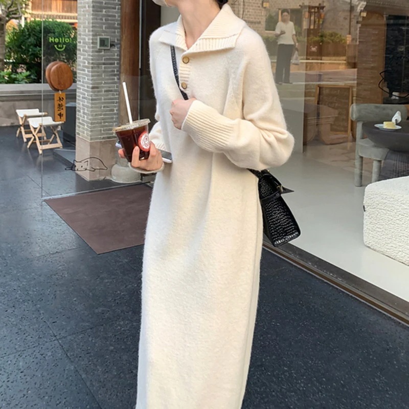 【1つ買うと10つ無料】韓国の女性のセーターファッション編みドレスボタンゆるい長い内側のコートセータースカート
