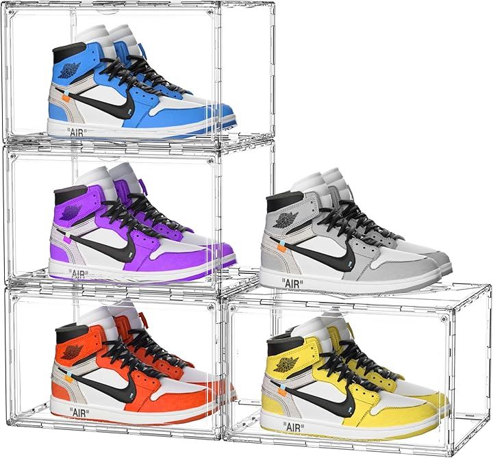 シューズボックス クリア 透明 シューズケース アクリル UVカット スニーカーボックス スニーカーケース 積み重ね マグネット式扉 組み立て式 クロゼット(全面クリア, 4個セット)