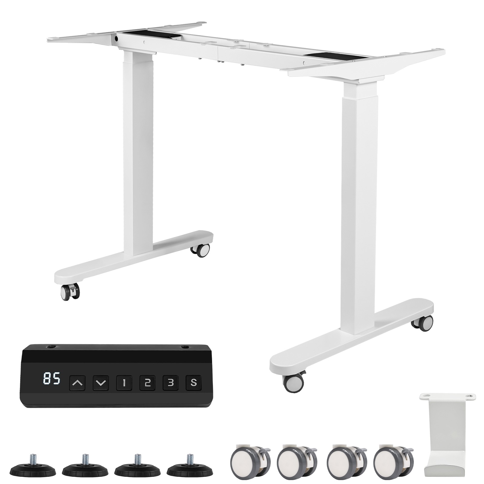 【国内発送,送.料無料】A7スタンディングデスク 昇降デスク 電動昇降式デスク デュアルモーター 高さ調節 71cm-119cm 静音 収納フック付き キャスター付き オフィスデスク ホワイト