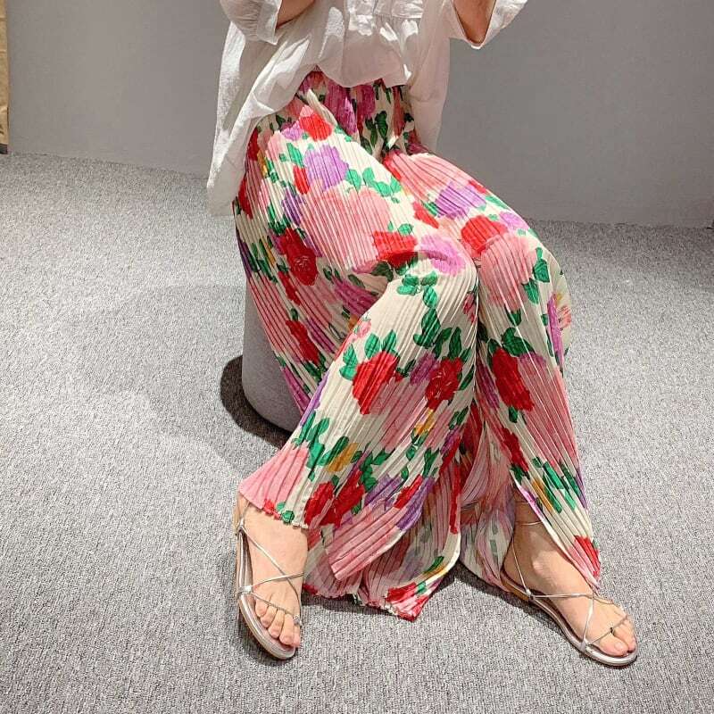 レディース パンツ ローズ プリント オープンプリーツ パンツ プリーツ 花柄