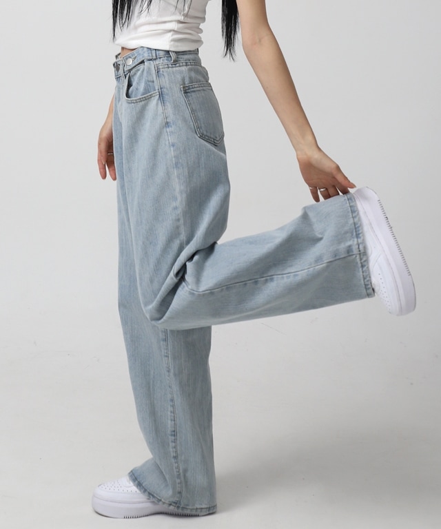 *新作 [ヒップなストリートルック/ワイドフィット] スラブ デニムウエスト ビジョ ボタン ハイウエスト ロング ワイド ジーンズ/ライトブルーダークブルー ズボン 4,713円