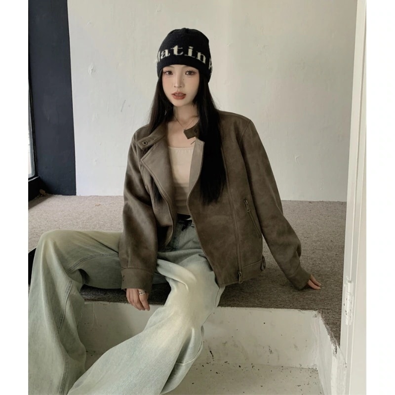 レトロ気質レザージャケットレディース2023秋冬新作韓国版スリムで多用途なモーターサイクルレザージャケットトップ