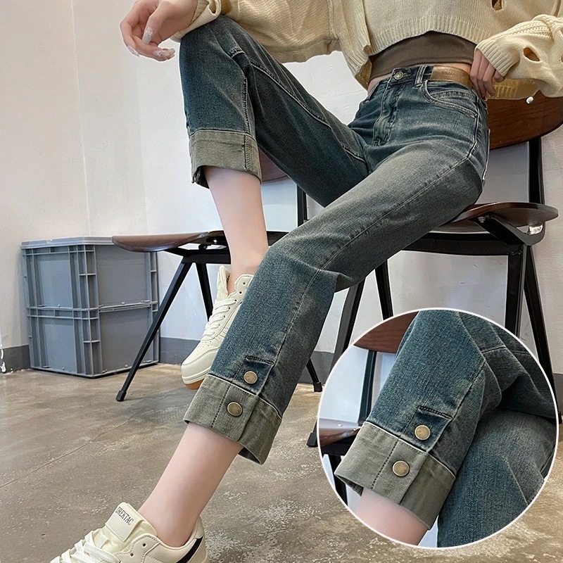 デニムパンツ ヴィンテージジーンズ女性ルーズ2025新しいハイウエスト9点弾性ストレートズボンの秋
