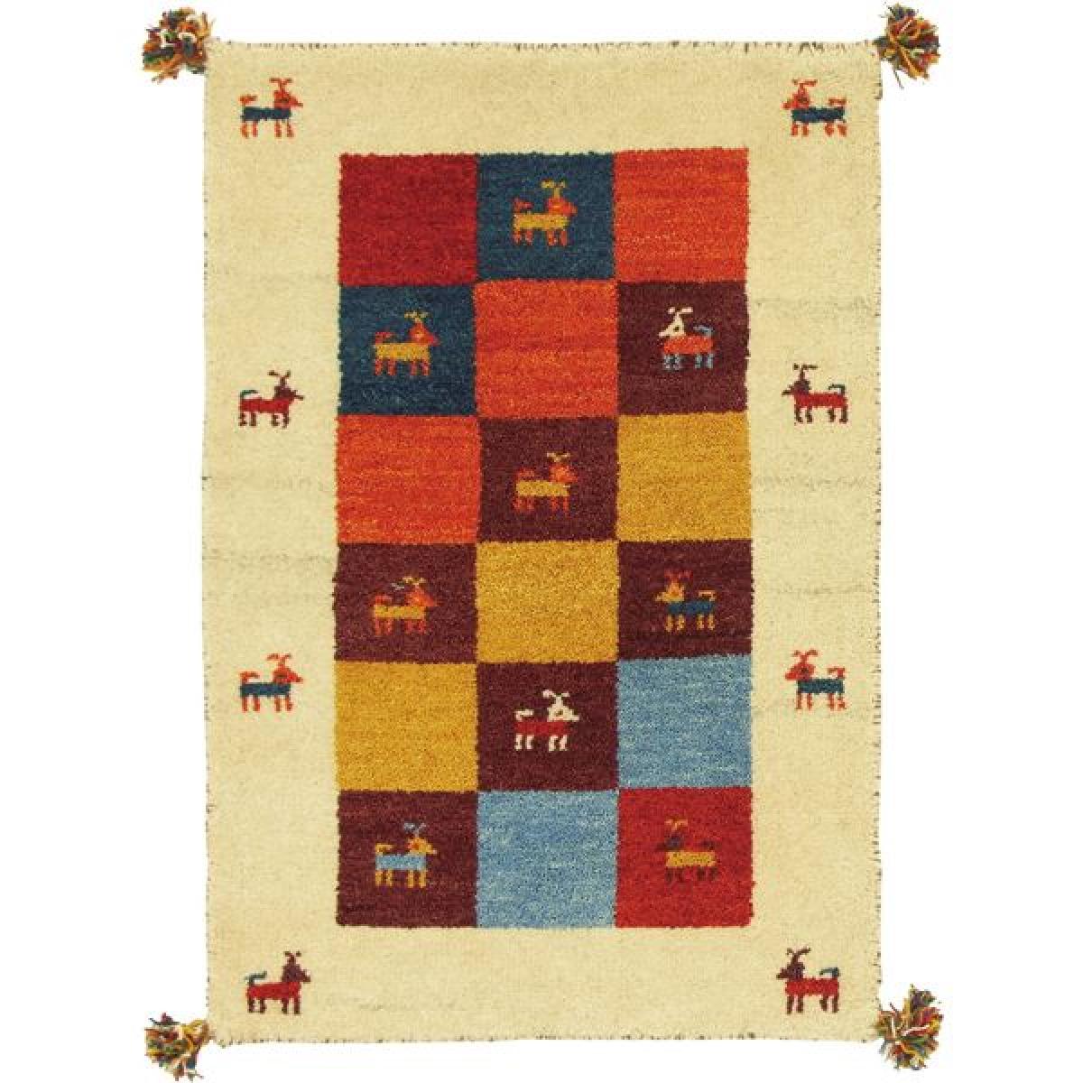 萩原 ギャッベ マット ラグ 約60×90cm GABBEH D3 ウール 手織り 玄関マット 敷物 おしゃれ