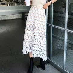 ドットレーススカート ロングスカート ウエストゴム 黒 白 スカート ロング丈 ハイウエスト 韓国 レディース オルチャン かわいい 可愛い 大人可愛い きれいめ カジュアル 大人 気品