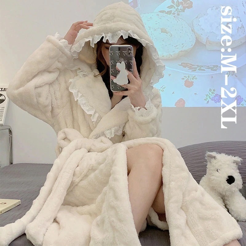 バスローブ レディース 冬 ナイトローブ パジャマ オシャレ きれいめ 帽付 レース INS風 プリンセス風 フランネル 裏起毛 厚手 防寒 ルームウエア あったか もこもこ ふわふわ 部屋着 寝巻き