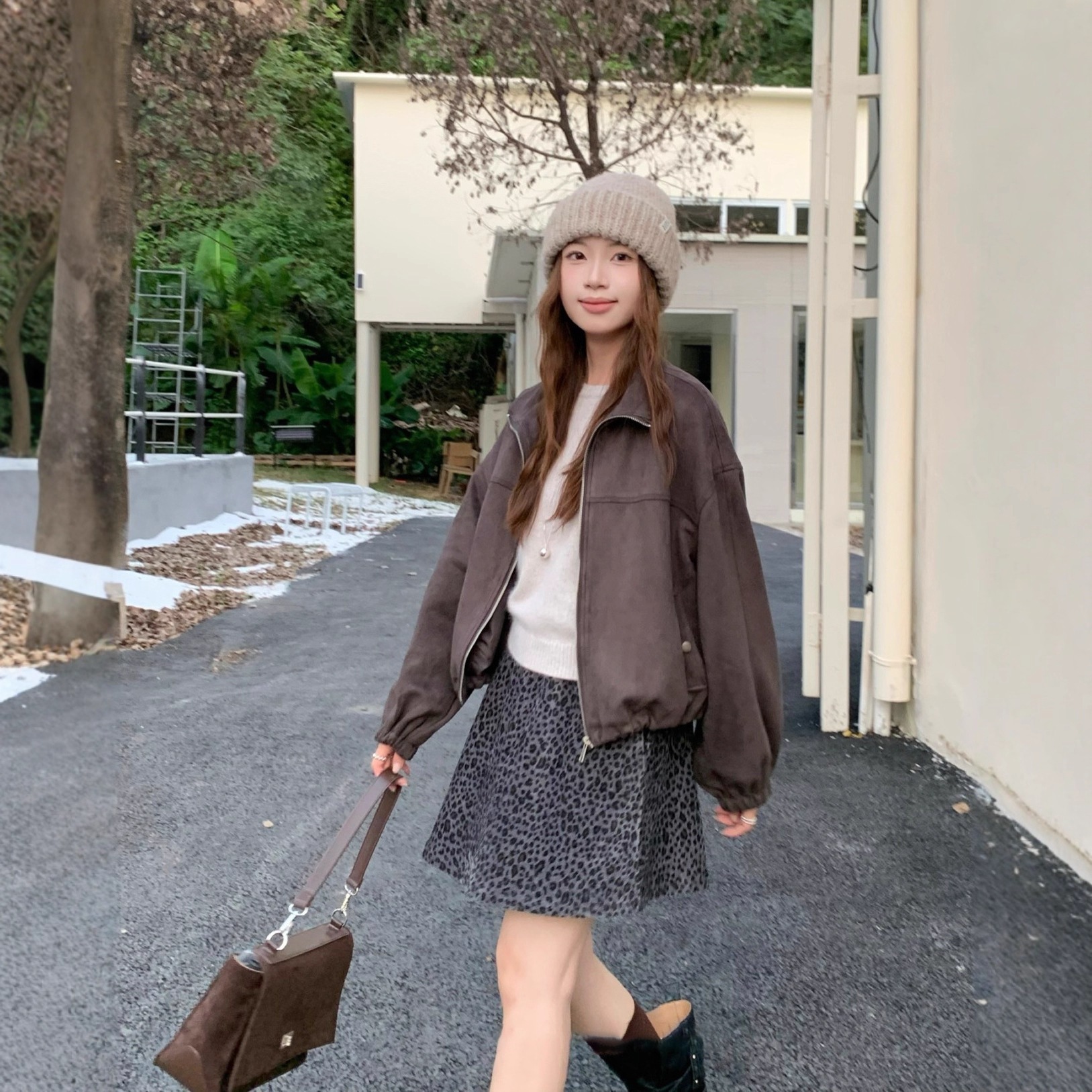 秋冬スエードアウター ドローコードスタンドカラーショートコート レディース フェイクファー