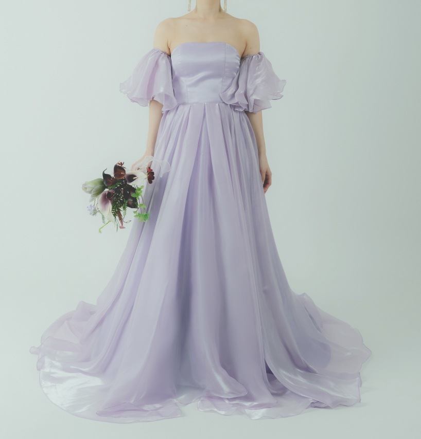 カラードレス パープル 取り外し可能な付け袖 シフォンオーガンジー 華やかなトレーン 花嫁 前撮り
