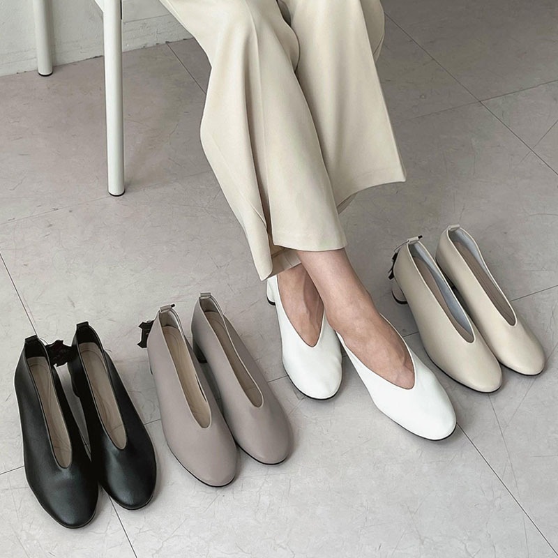 4color モダン, ベーシックな ソフト．柔らか 天然牛革 ラウンドトゥ 4cmヒール 無地 Vカット．Uカット デイリー パンプス