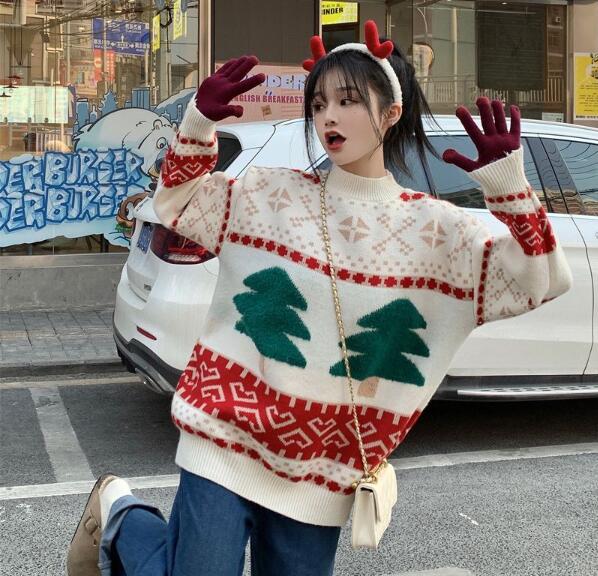 怠惰風 クリスマス セーター ニューデザイン 厚手 ゆったり ラウンドネック プルオーバーデザイン 甘い 上着 あたたまること ソフト