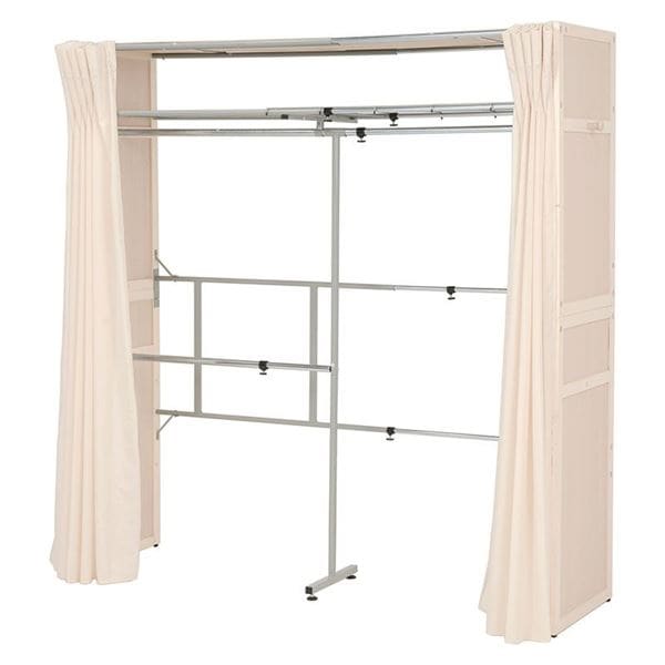 伸縮式 クローゼット/衣類収納 (幅115195cm×高さ194cm ホワイトウォッシュ) 木製 スチール 洗えるカーテン付き