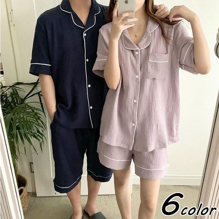 カップルパジャマ ペアパジャマ 春夏 半袖ウェア ペアルック 前開き 可愛い 無地 綿 上下セットレディース/メンズ部屋着 コートン オシャレ ギフト