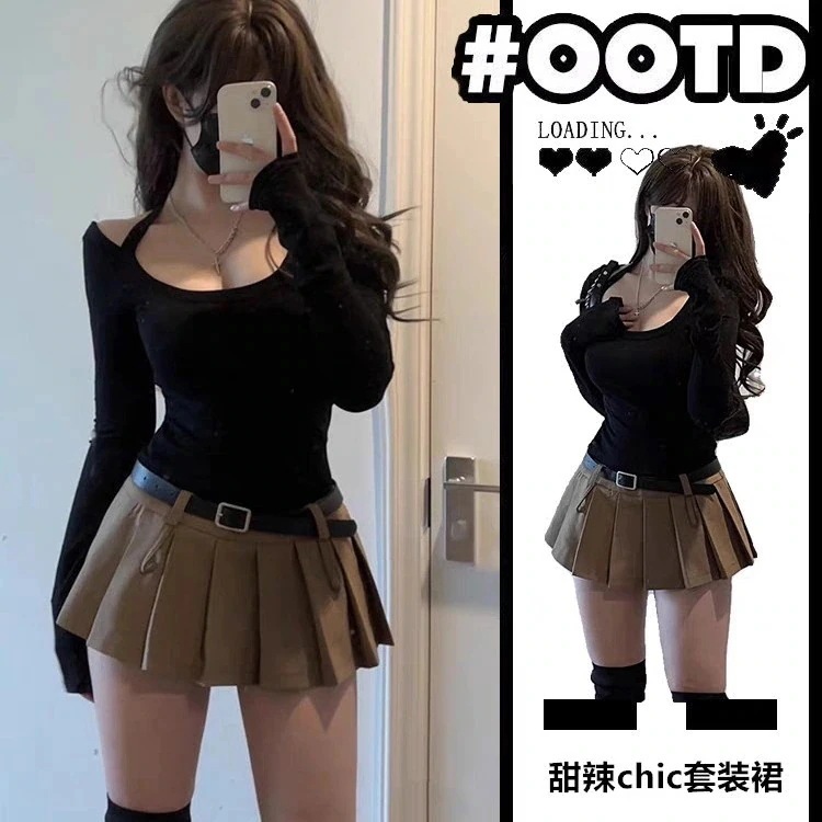 ハイエンドのカスタマイズ-秋の甘くてスパイシーな揚げストリートシックなトップとスカートのツーピーススーツティースタイル衣装ホットガール純粋な欲望スタイルの婦人服の完全なセット