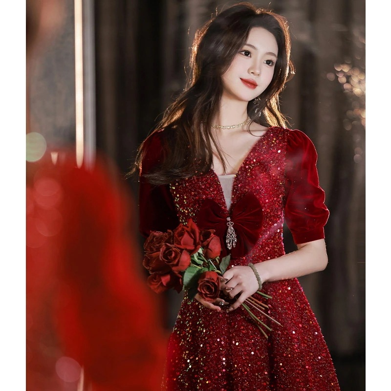 結婚式ドレス 二次会ドレス ゲストドレス ワイン赤 ベロア ベルベット キラキラドレス スパンコール 結婚式 二次会 ロングドレス ミモレ丈ドレス パーティードレス リボン 可愛い Aライン ドレス