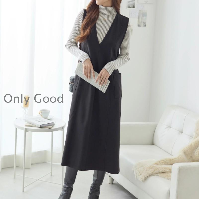 [惠子商店]新品入荷セットアップ ジャンパースカート単品 レディース ロングワンピース 40代 体型カバー 春秋冬 ロング丈 ジャンスカ ノースリーブ ベストワンピース Vネックセットアップ ジャンパ