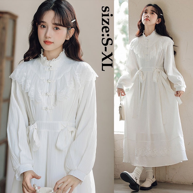 ワンピースドレス レディース ドレス ワンピース ウェディングドレス 長袖 可愛い オシャレ 2024 春 レース フレア リボン 立ち襟 お洒落 ワンピース 着痩せ 20代 30代 10代 きれいめ