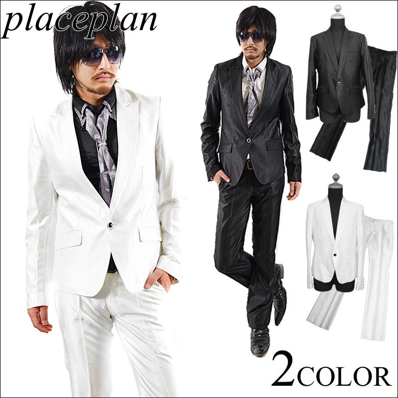送料無料Place plan1Bセットアップシャンブレースーツホワイト　ブラックキレイメお兄ホスト013s6392-03-02メンズ スーツ 結婚式 2次会 成人式 入学式 卒業