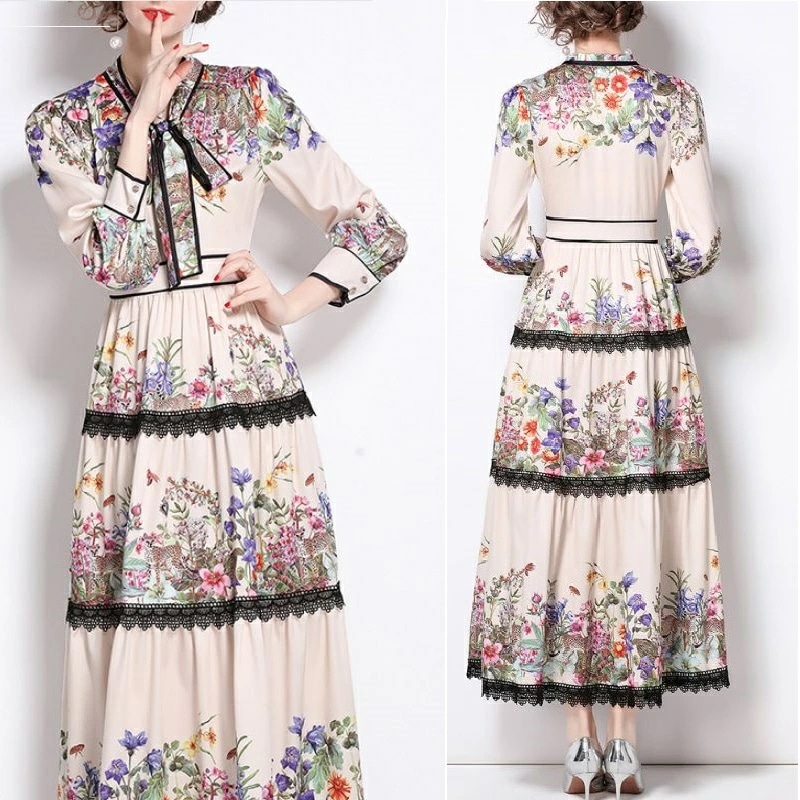 【急速出荷 2025年新作】花柄ワンピース 白 韓国 ロング レトロ はながら リボンタイ ボウタイリボン リゾートワンピース マキシワンピース 20代 30代 40代 50代 大人 春 夏 秋 レー