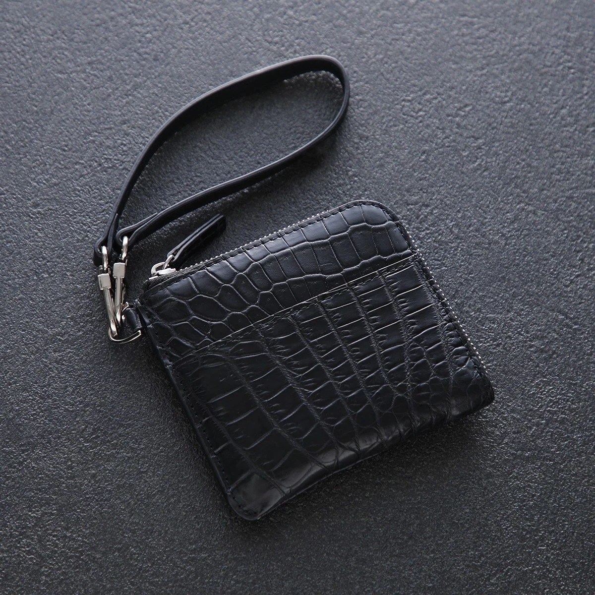 The R ザアール リアルクロコダイル コインケース 172 メンズ ミニ財布 カードケース フラグメントケース L字ファスナー リストレット付き BK/ブラック