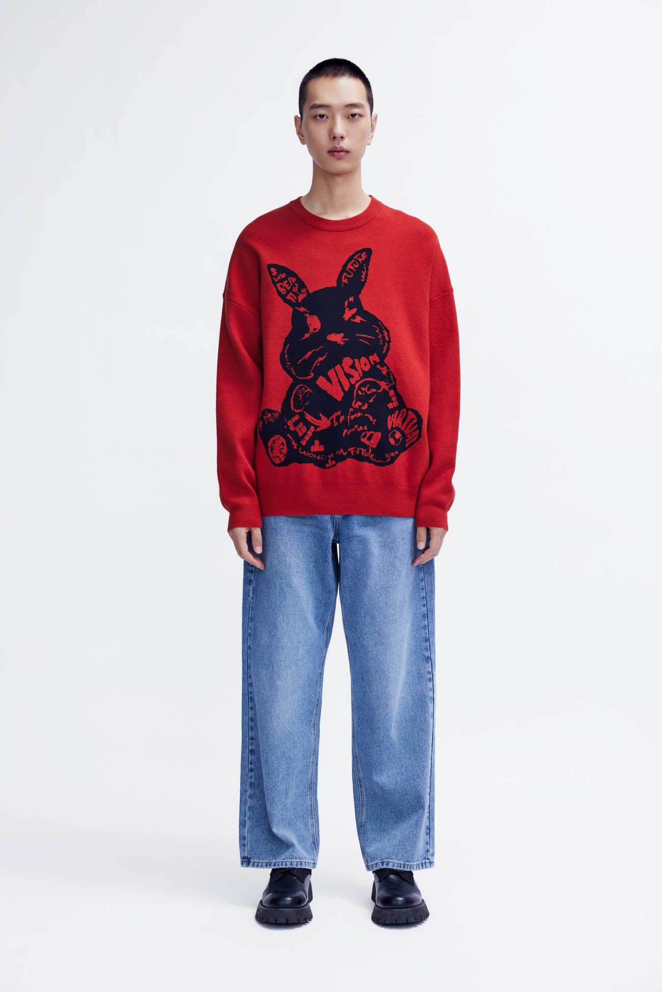 メンズ ラビット柄 ゆったり 厚手 セーター カジュアル スタイリッシュ ミディアムグリーン レッド XS S M L 個性的 トップス トレーナー 袖あり 長袖 きれいめ シンプル 大人 上品