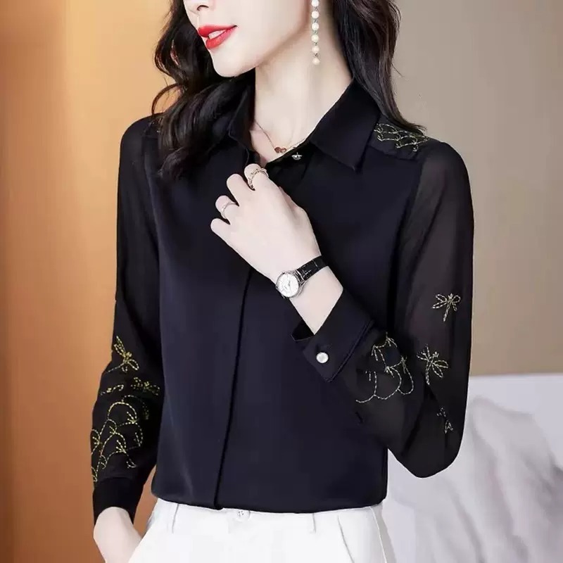 トップス シャツ ブラウス 白シャツ 白トップス 長袖 襟付き ストレート 刺繍 透け感 シースルー ポリエステル 大人可愛い きれいめ シンプル おしゃれ お洒落 かっこいい 大人女子 こなれ感