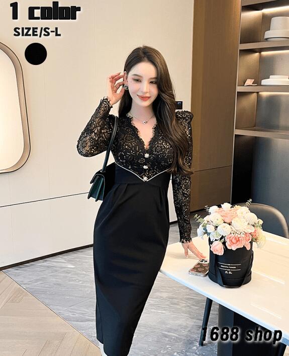 高評価!超人気 2025 タイトワンピース 姫系ワンピース　シンプル　ワンピース インポート ひざ丈 ミドル丈 エレガント　韓国ファッション シンプル Vネック パーティドレス 長袖　お嬢様 セクシー