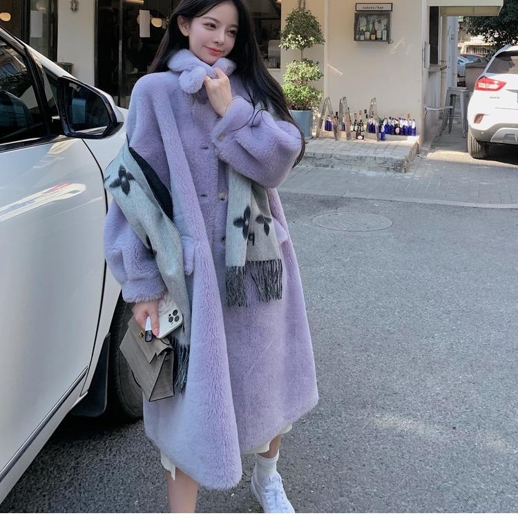 女性用オールウールパーティクルコート 2024年新作 ウールファーワンピース 羊毛刈りコート ラムウール ミドル丈